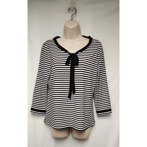 Talbots Womens Top Black White Stripe Knit 3/4 Sleeve Blouse Size PL - Picture 2 of 7